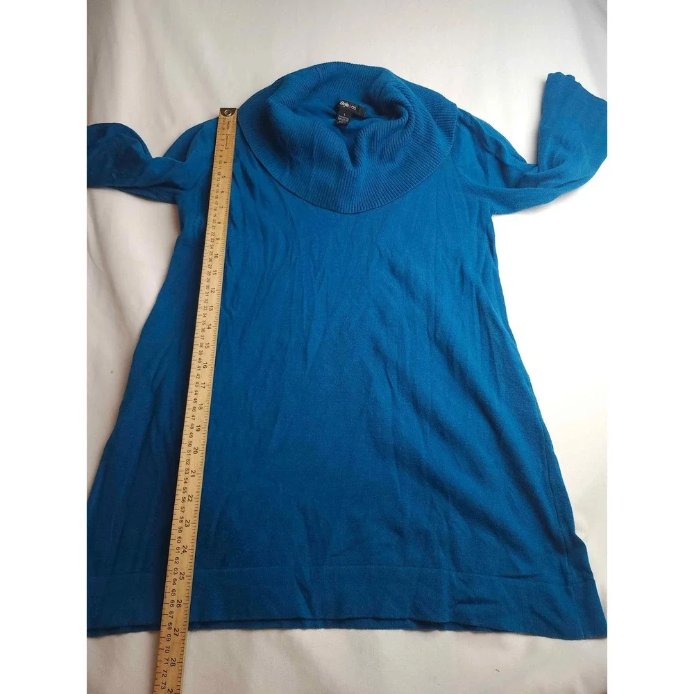 Style & Co Womens Blue Cowl Neck 3/4 Sleeve Tunic Sweater Large Cotton Blend